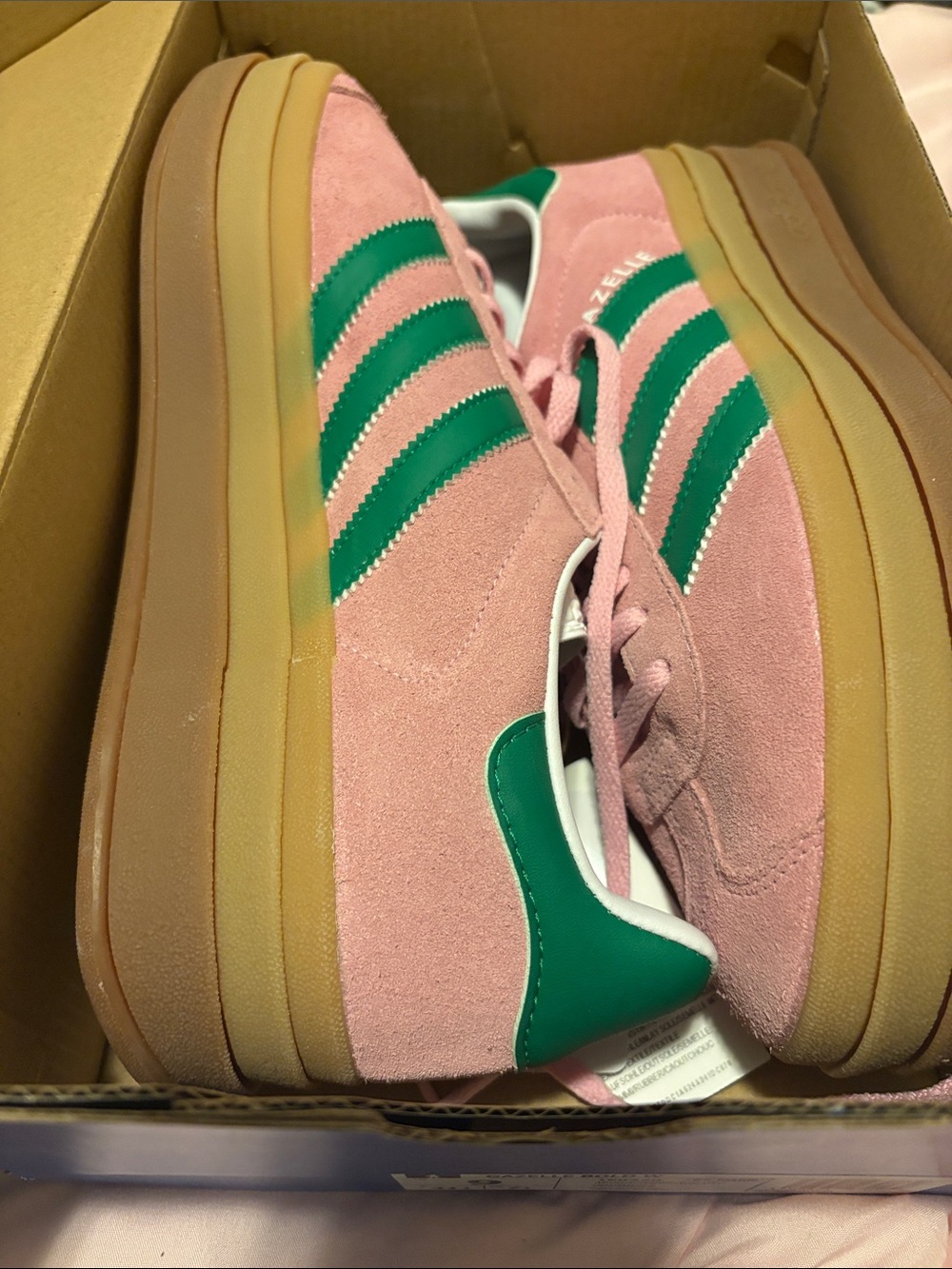 Gazelle Bold adidas Pink Suede Sneakers with Green Three-Stripes and Gum Sole